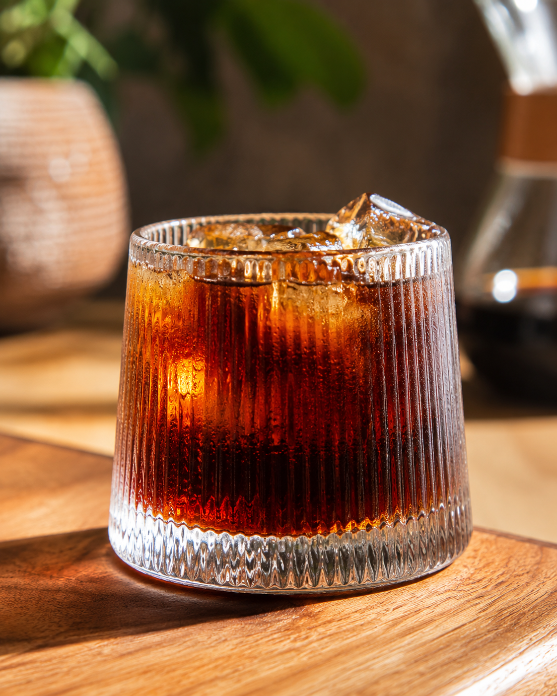 Iced V60 coffee in a black Martini cup