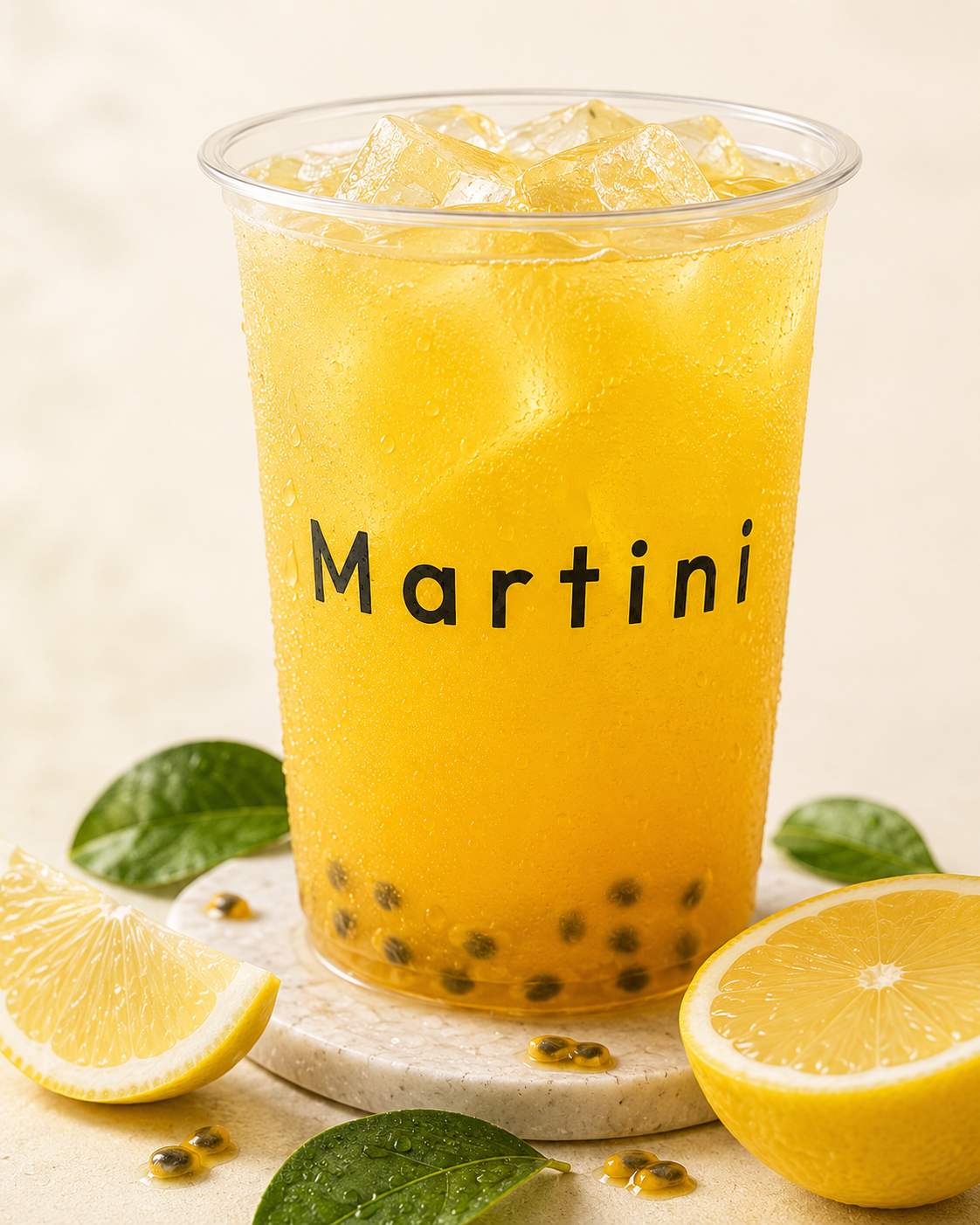 Mango passion mocktail with ice and passion fruit seeds